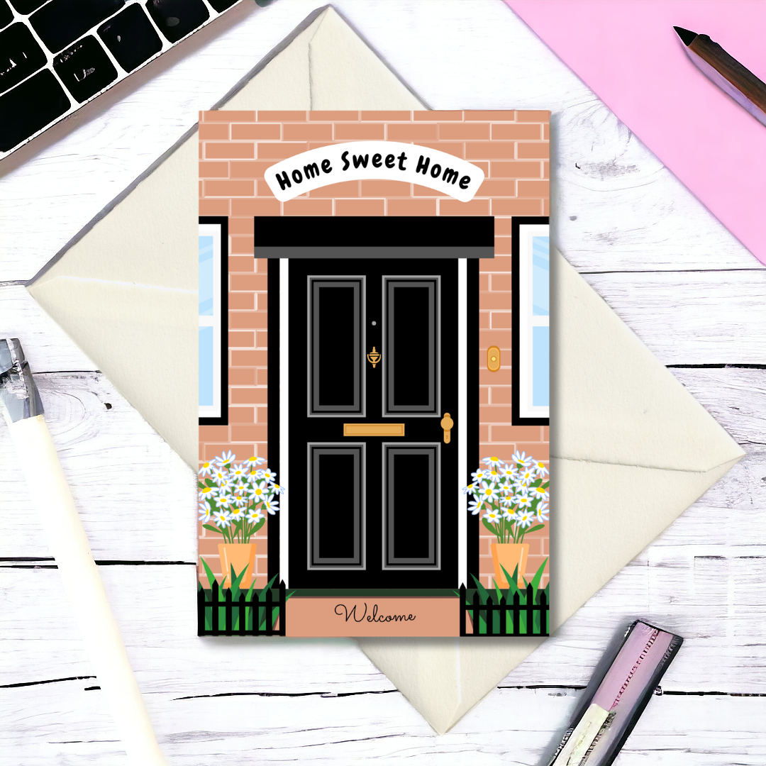 'Home Sweet Home' black front door new home card