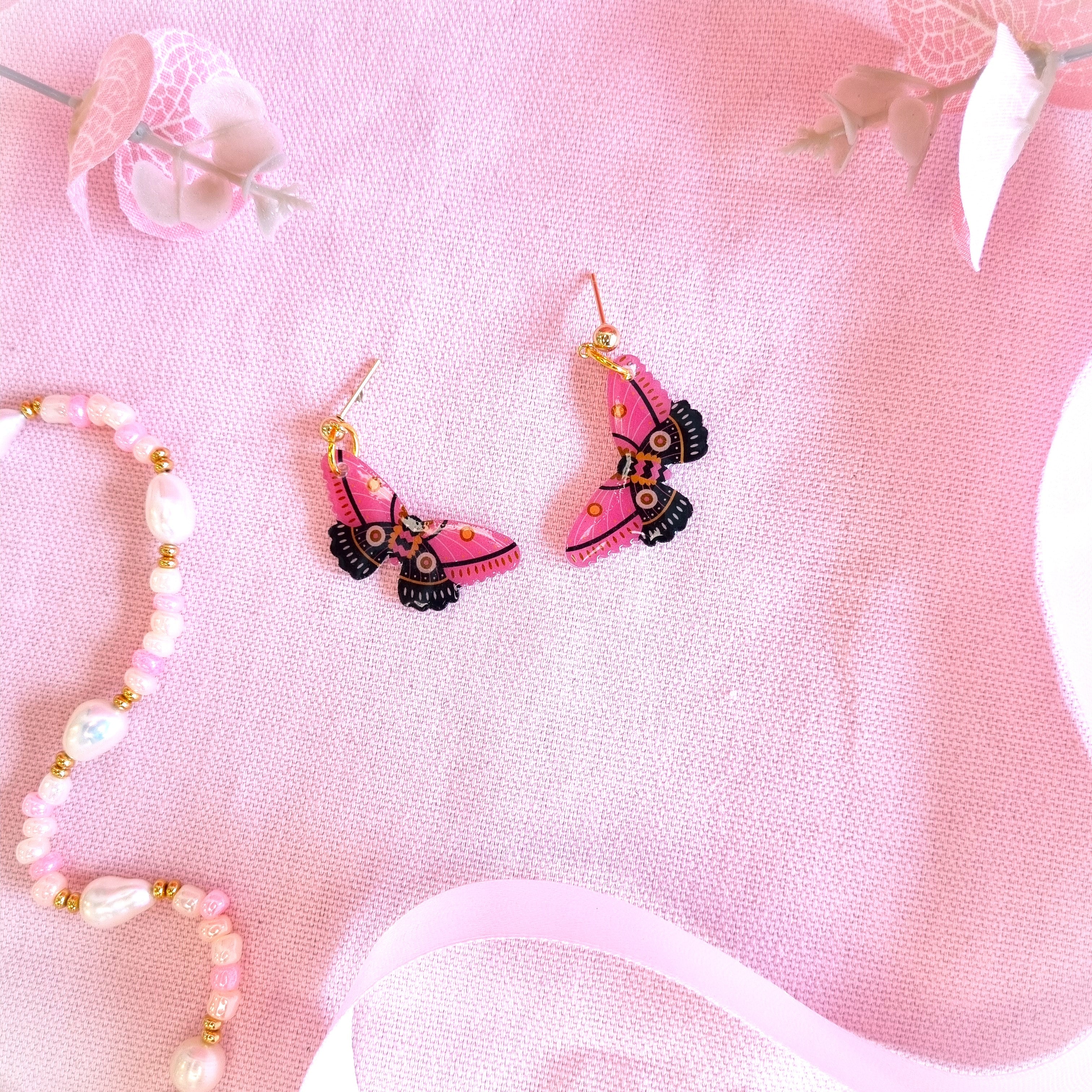 Pink and Black Moth Dangle Earrings
