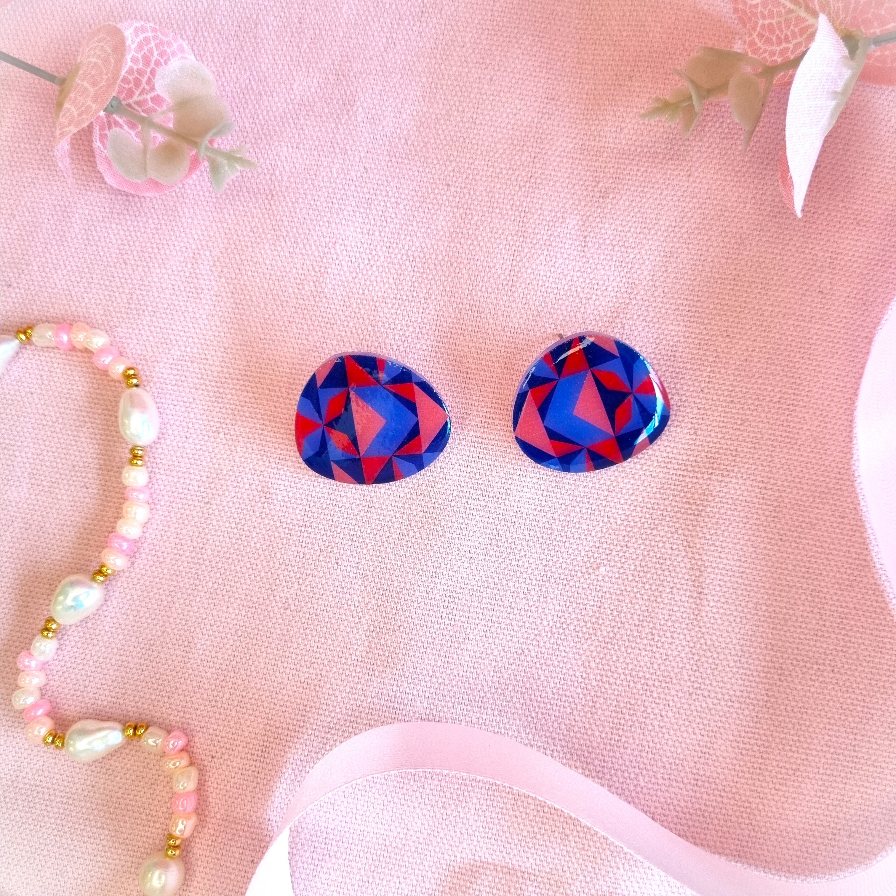 Abstract Red, Coral and Blue Statement Organic Stud Earrings