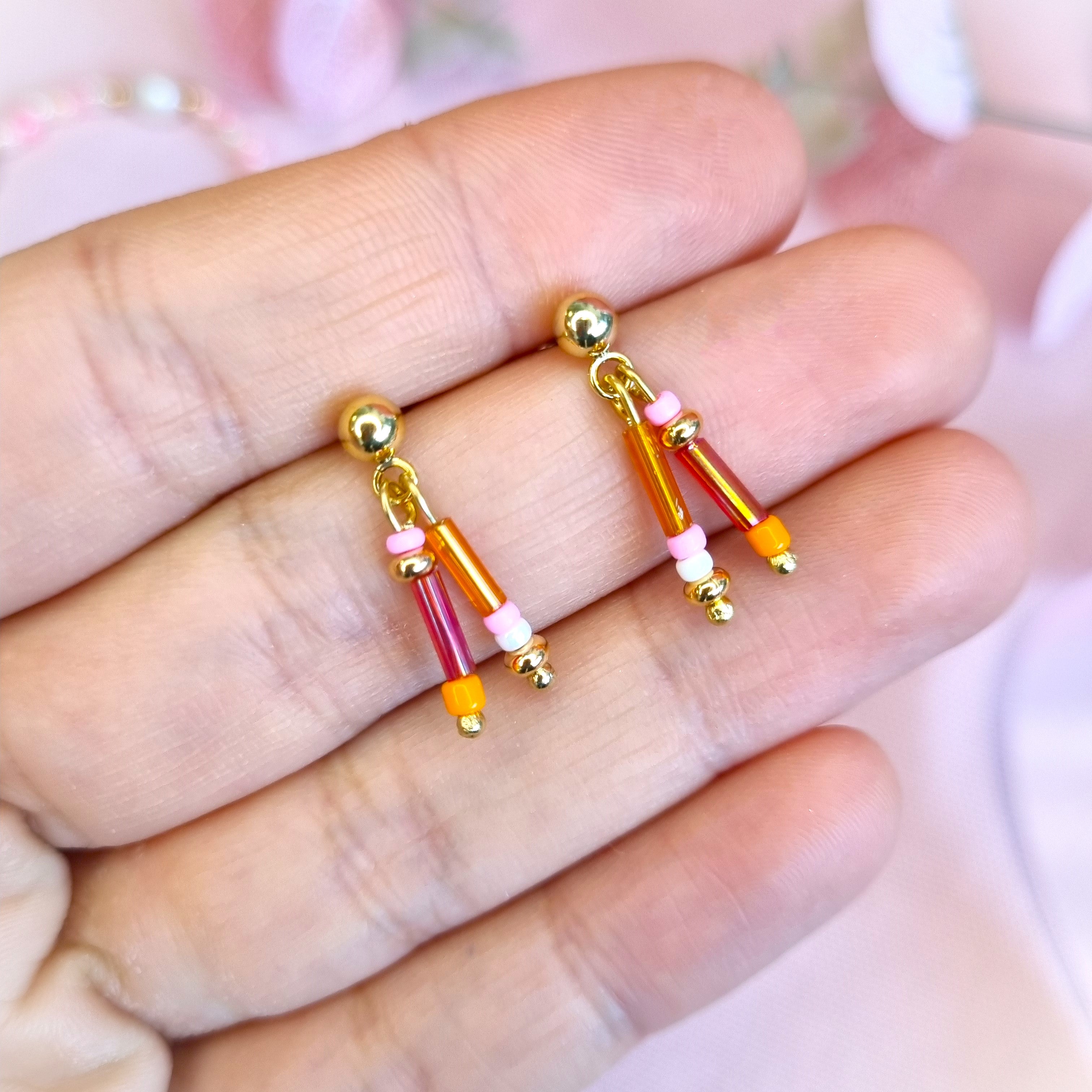Orange, Pink, and Gold Tiny Summer Dangle Earrings