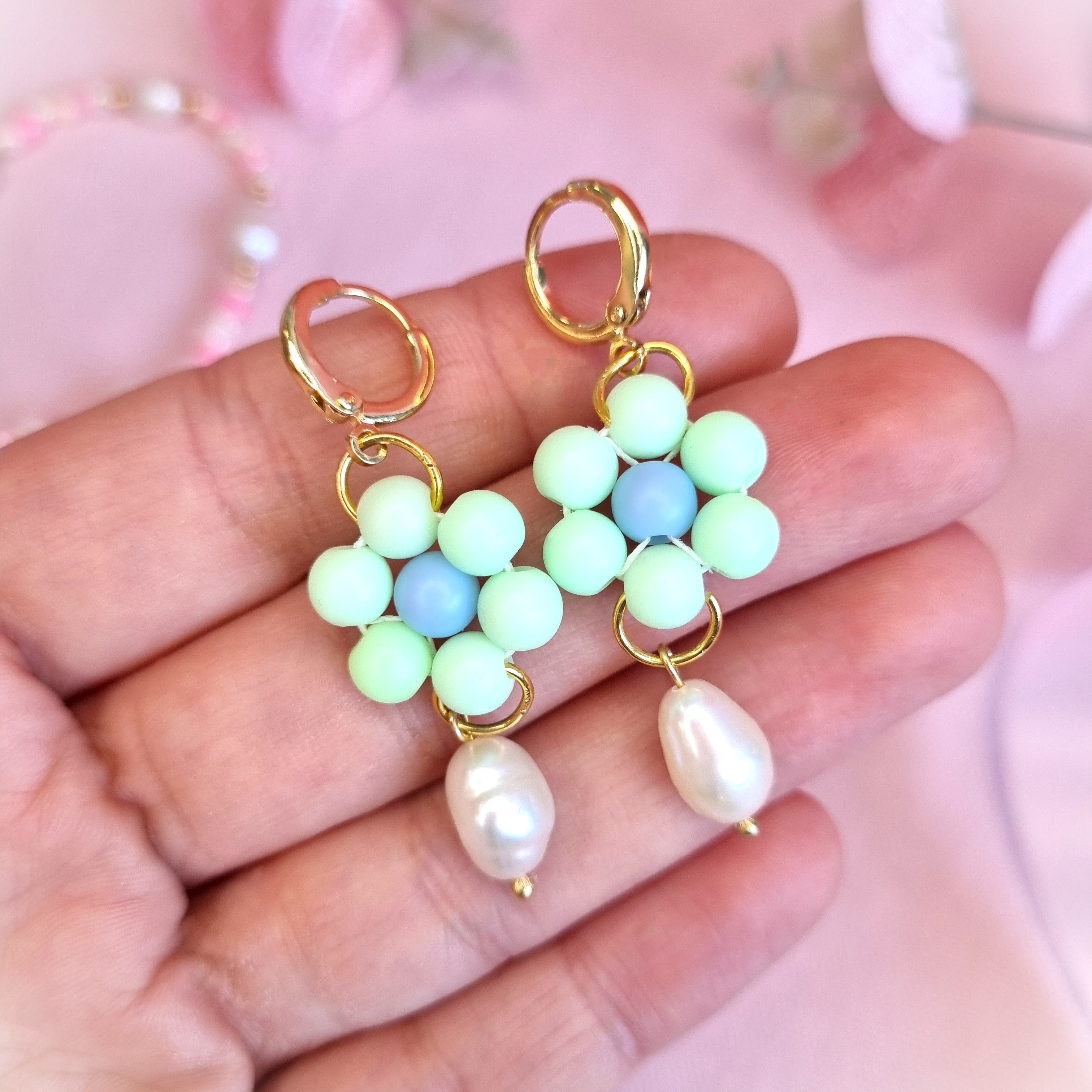 Pastel Green Flower and Freshwater Bead Huggie Hoop Earrings