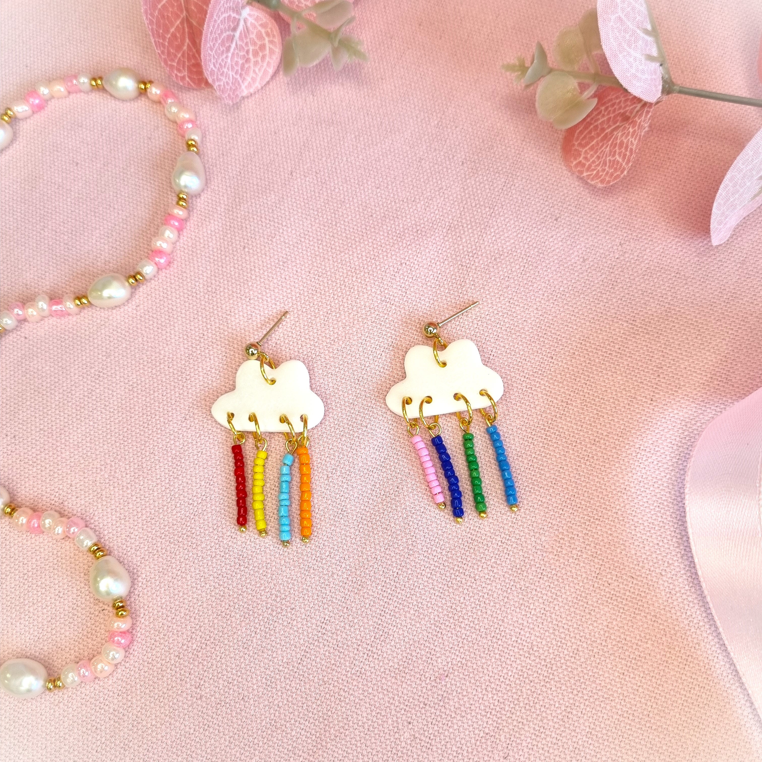 Gold Dainty White Rainbow Bead Earrings