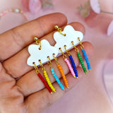 Gold Dainty White Rainbow Bead Earrings