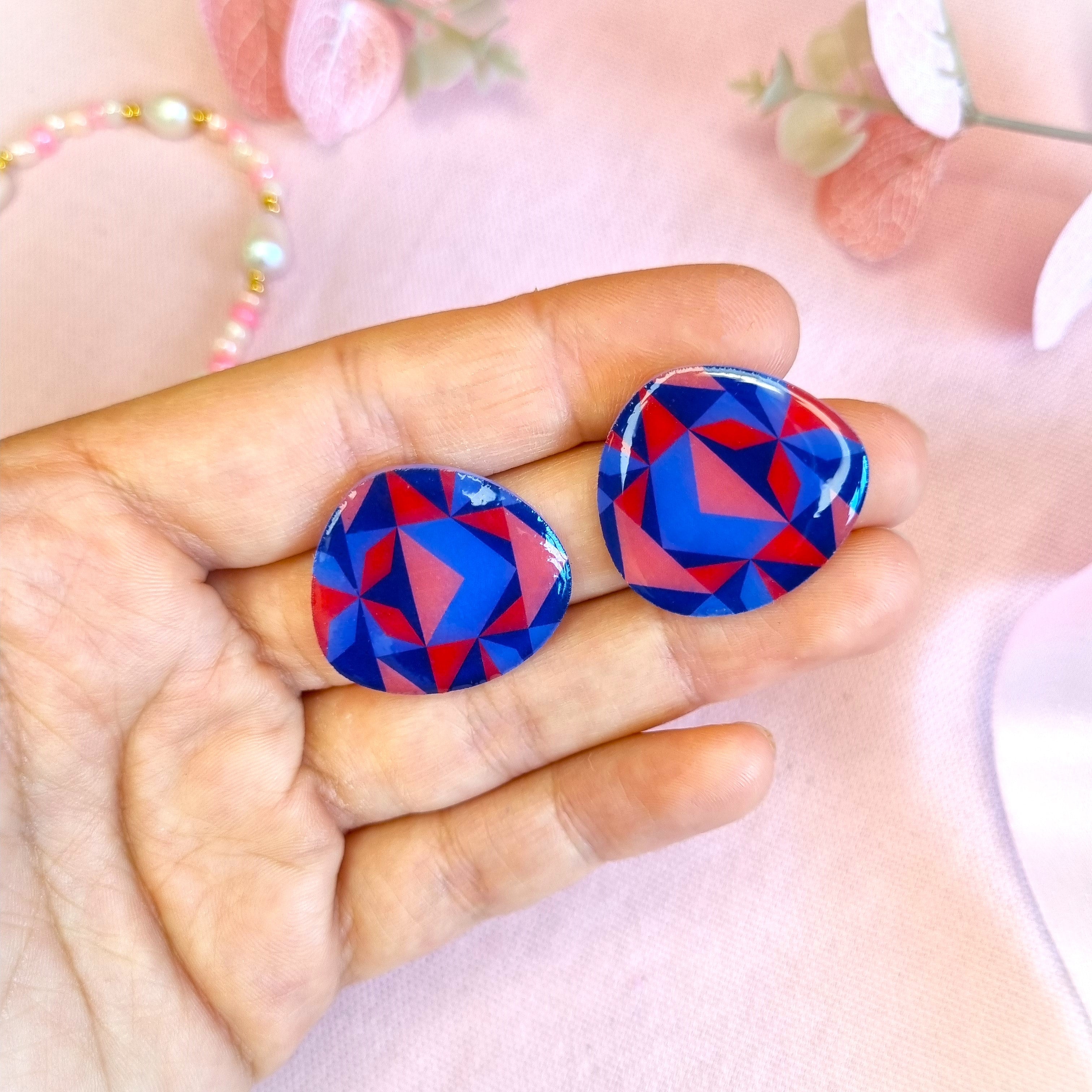 Abstract Red, Coral and Blue Statement Organic Stud Earrings