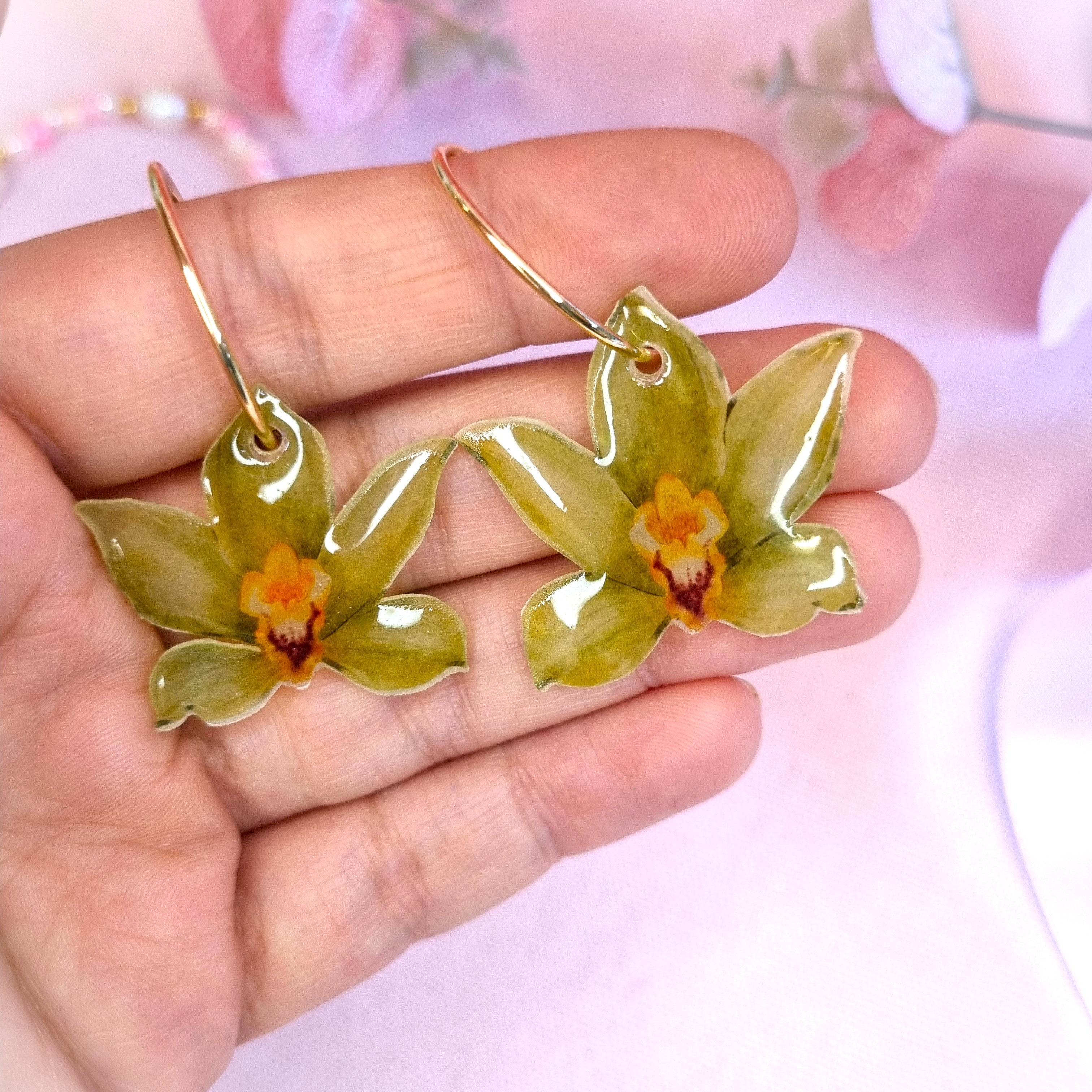 Green Orchid Flower Earrings