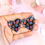 Large Black Floral Pattern Heart Earrings
