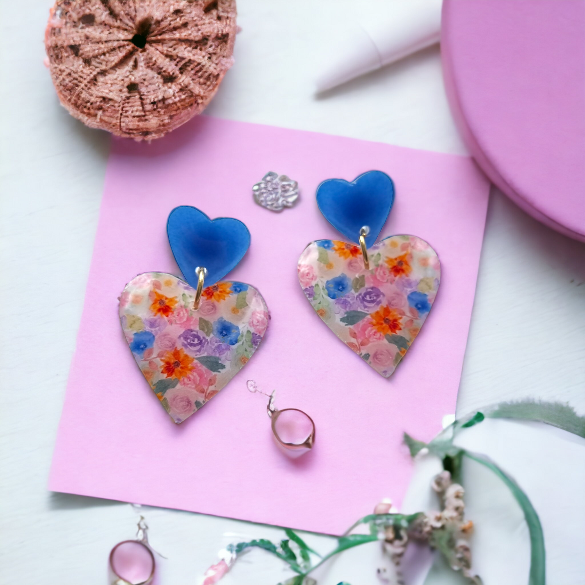 Large Floral and Blue Duo Heart Earrings