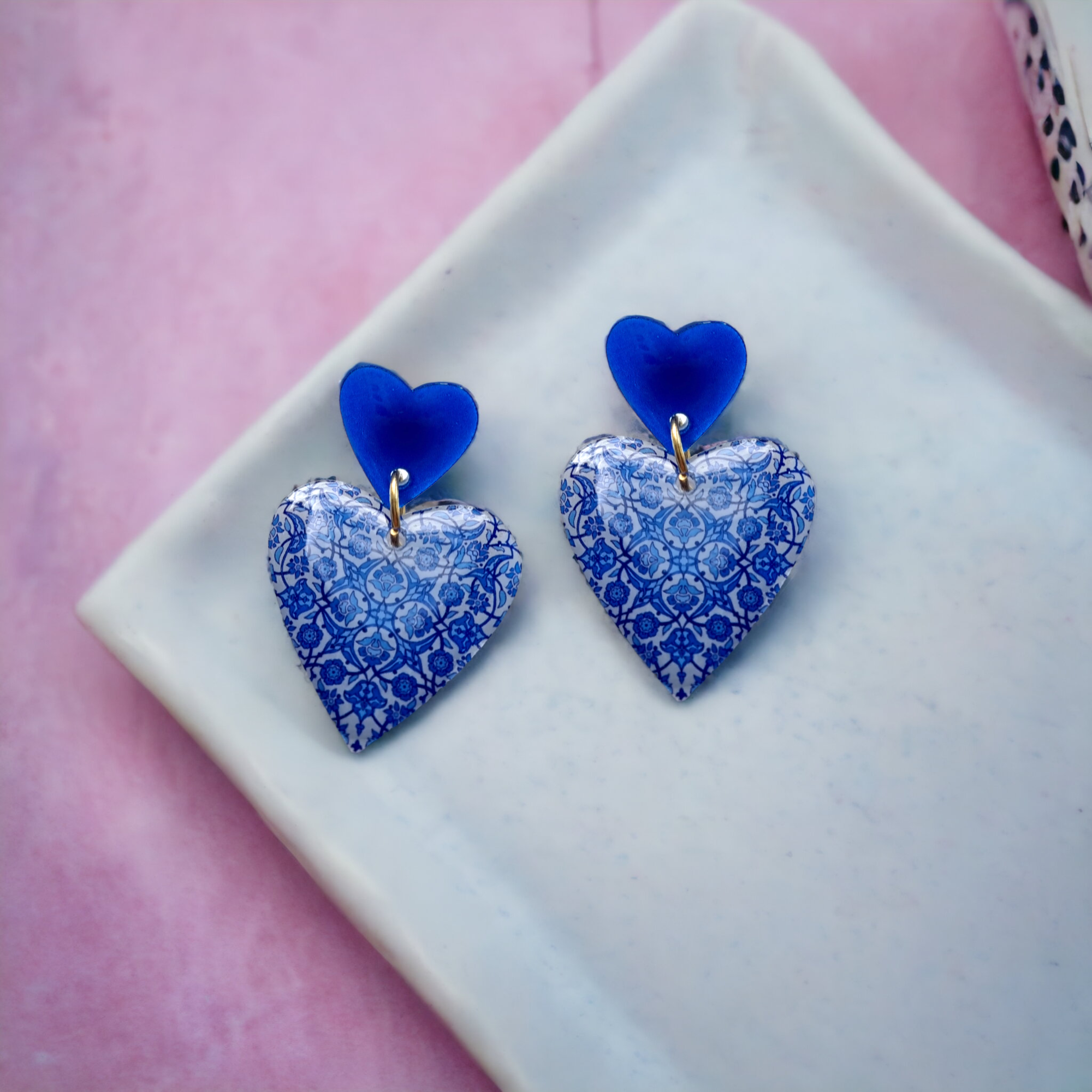 Large Blue Detailed Duo Heart Earrings