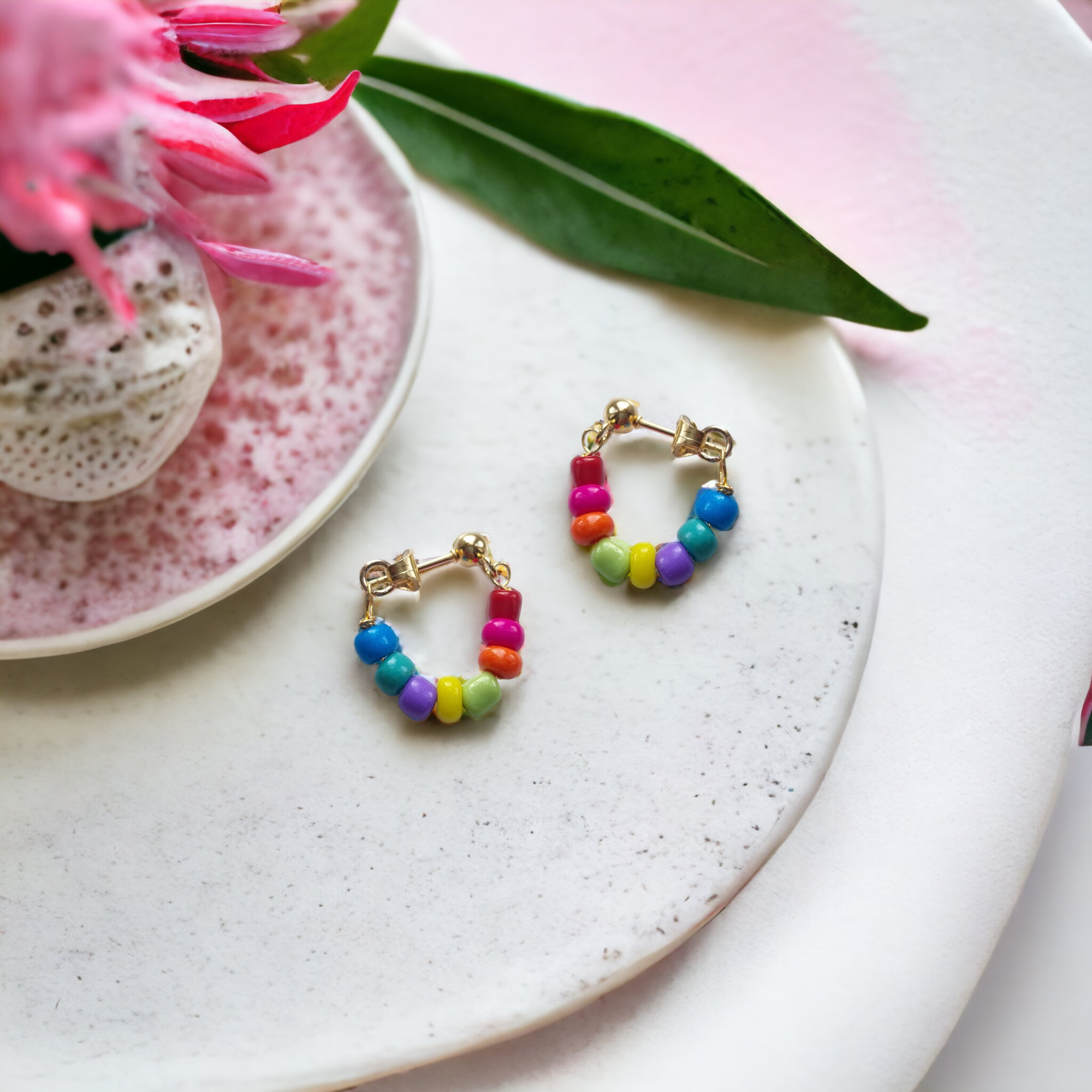Rainbow Bead Gold Stud Earrings