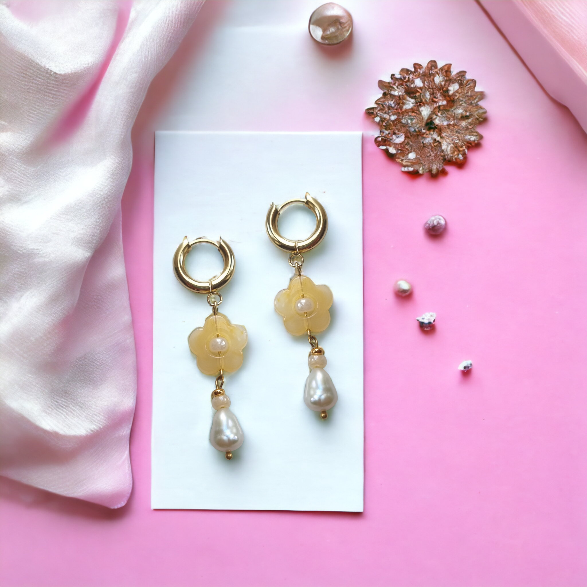 Amber Coloured Flower and Freshwater Pearl Gold Hoop Earrings