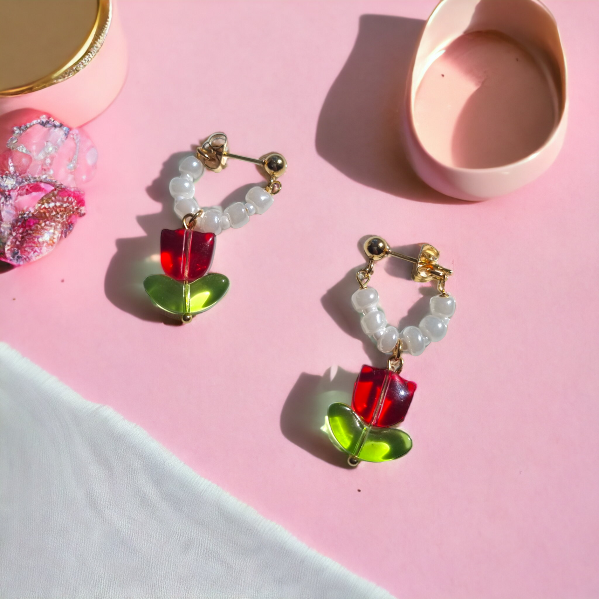 White Bead and Red Tulip Stud Earrings