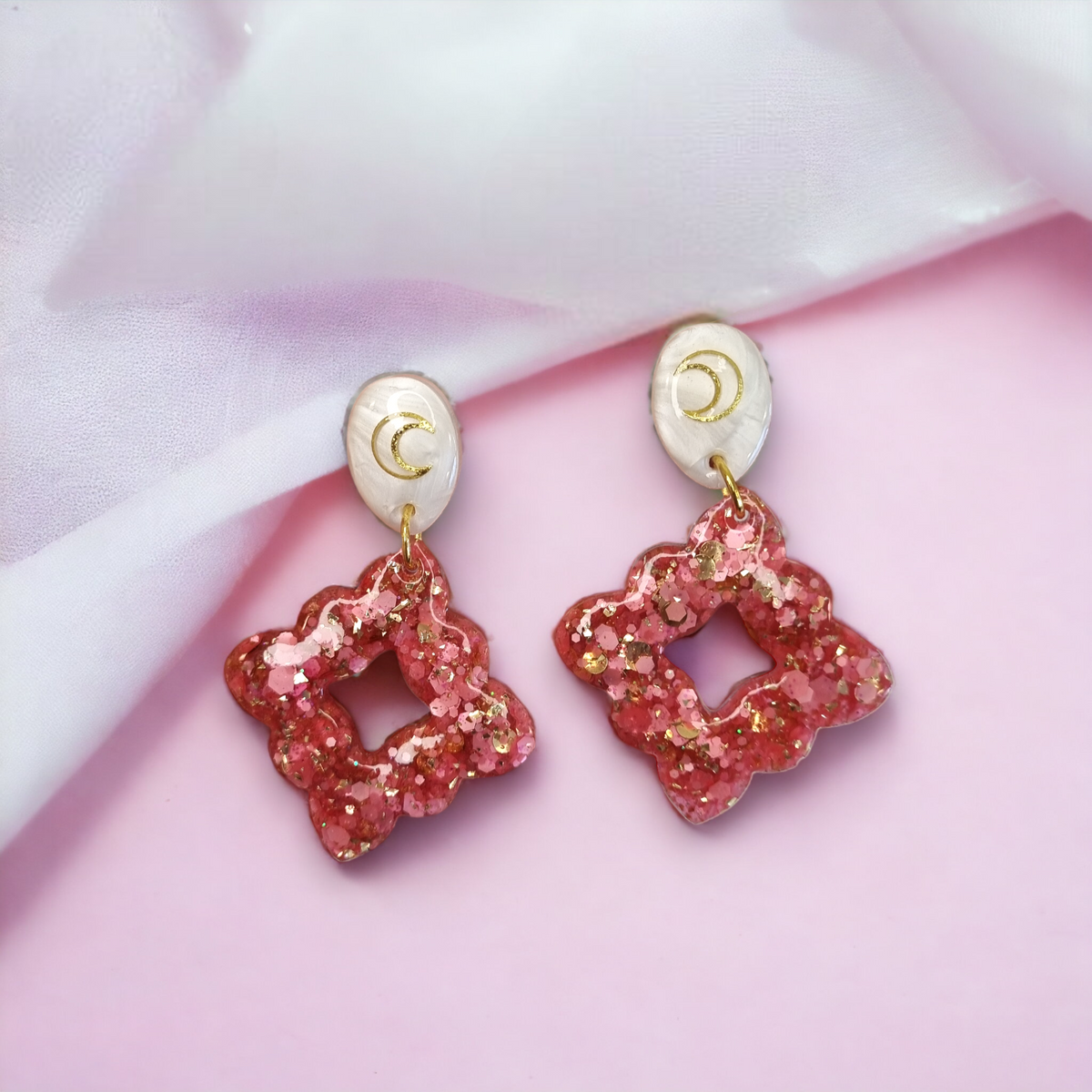 Statement Pinky Coral, Gold and White with Crescent Moon Earrings