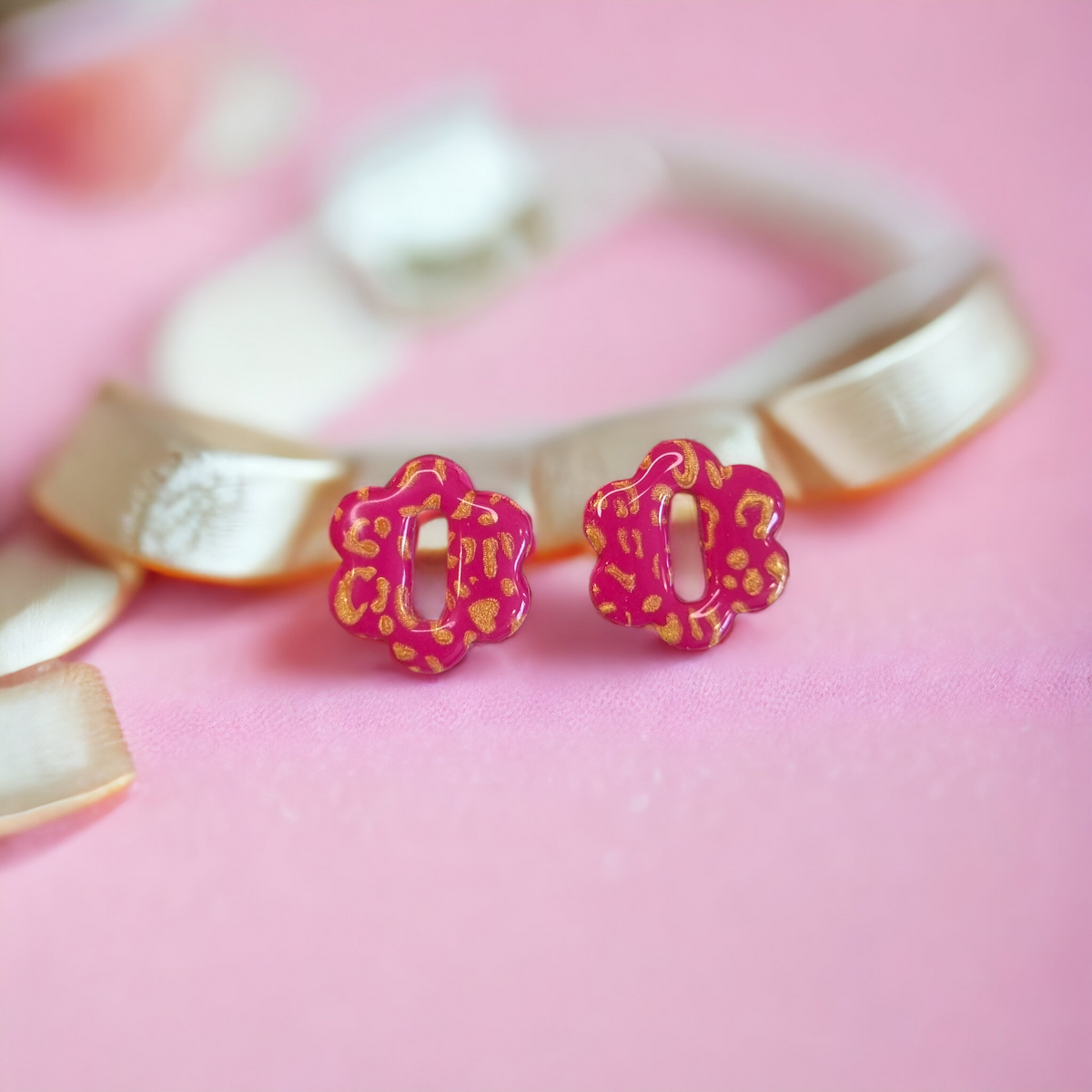 Statement Stud Flower Bright Pink and Gold Leopard Pattern Earrings