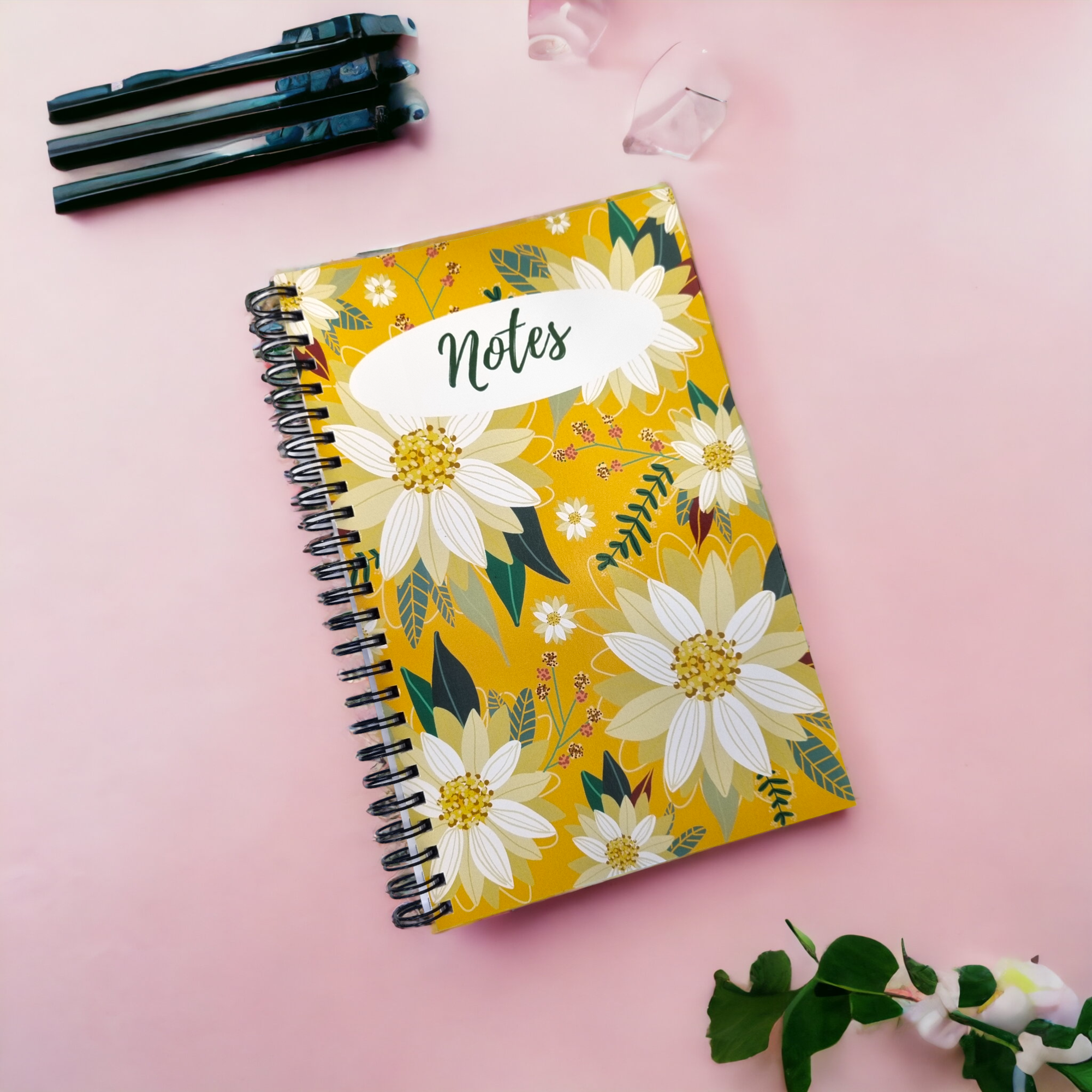 Yellow Floral Lined Pages Notebook