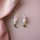 Gold, Pink, White Dangle Crescent Moon and Star Earrings