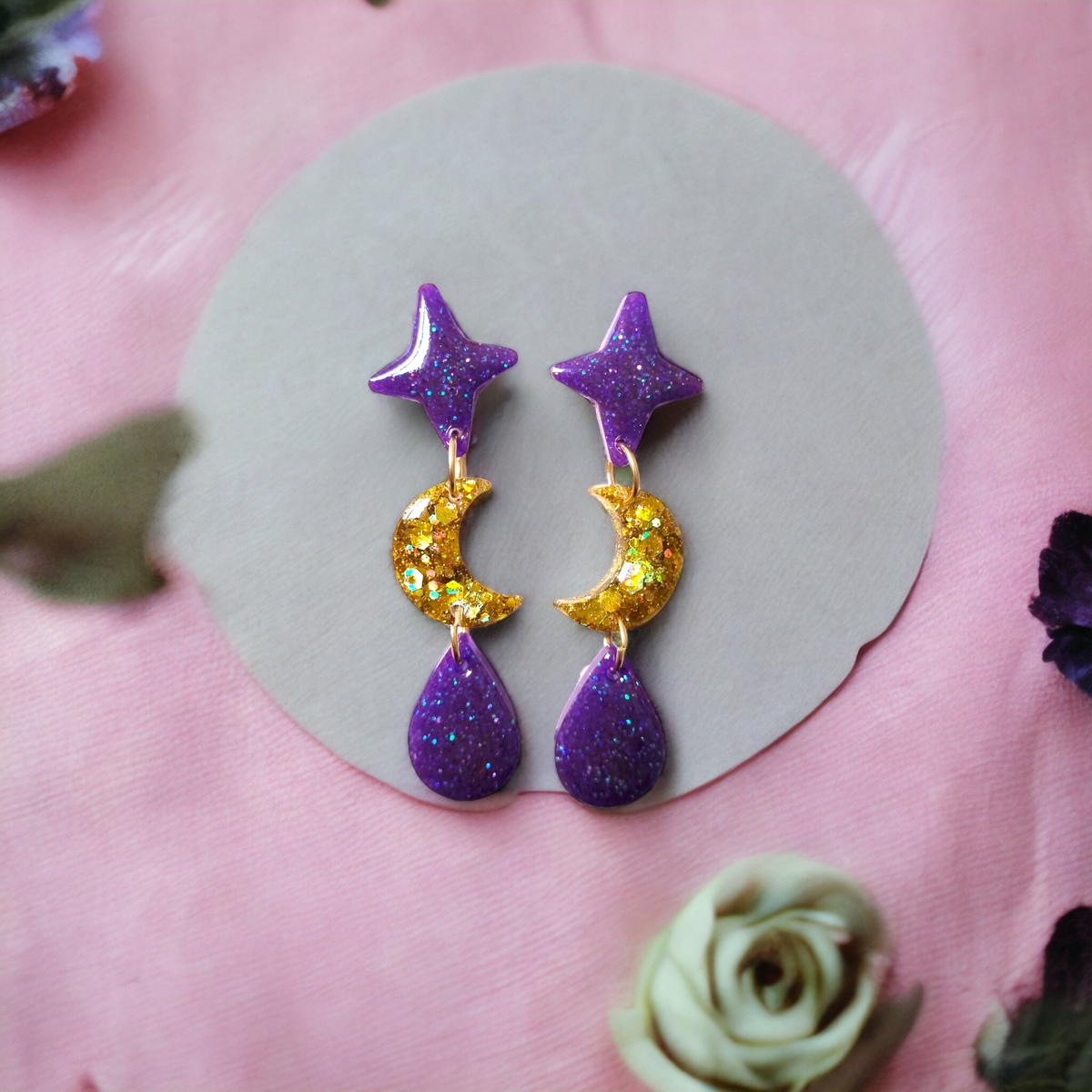 Large Halloween Purple and Gold Moon Dangle Earrings