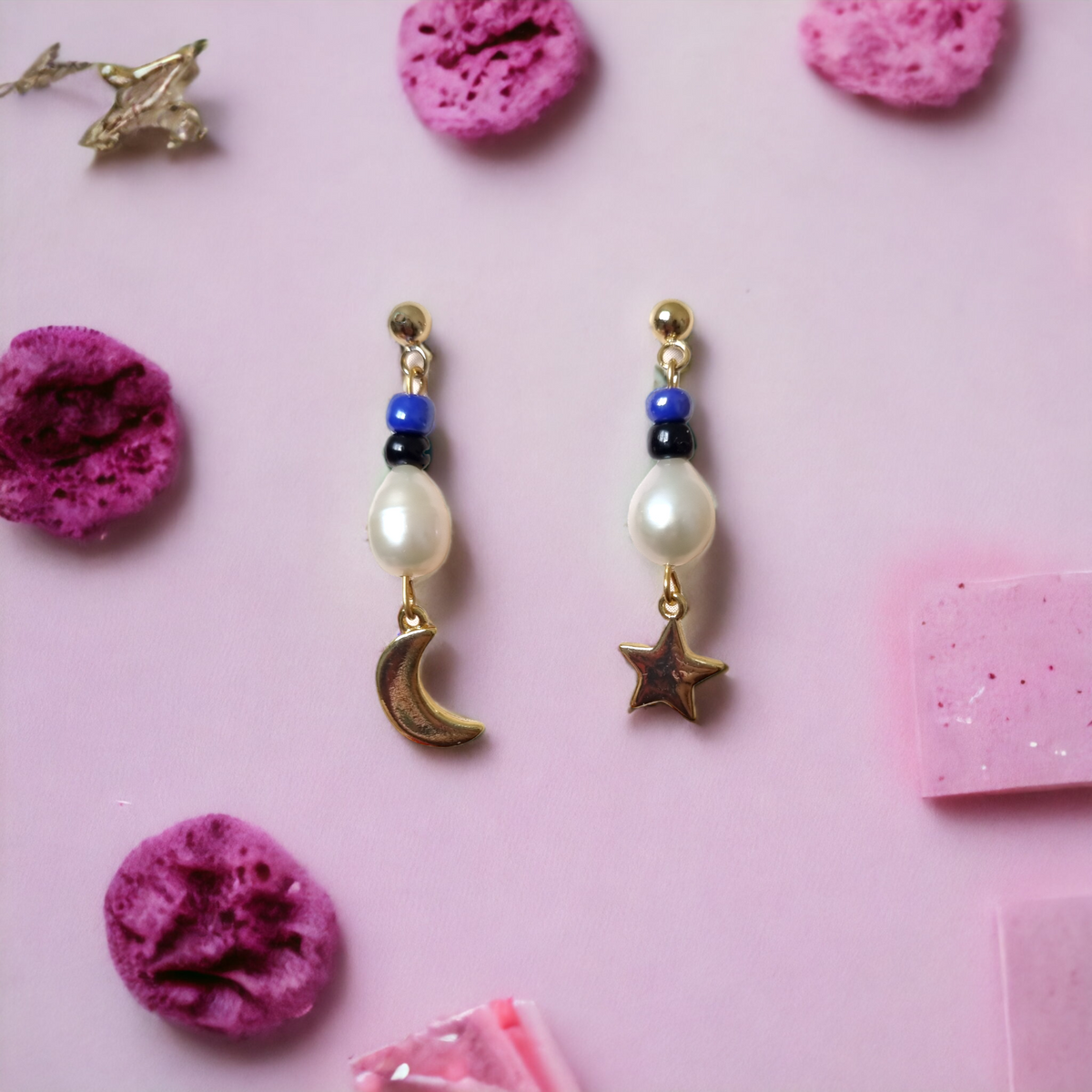 Gold, Navy, Purple Dangle Crescent Moon and Star Earrings