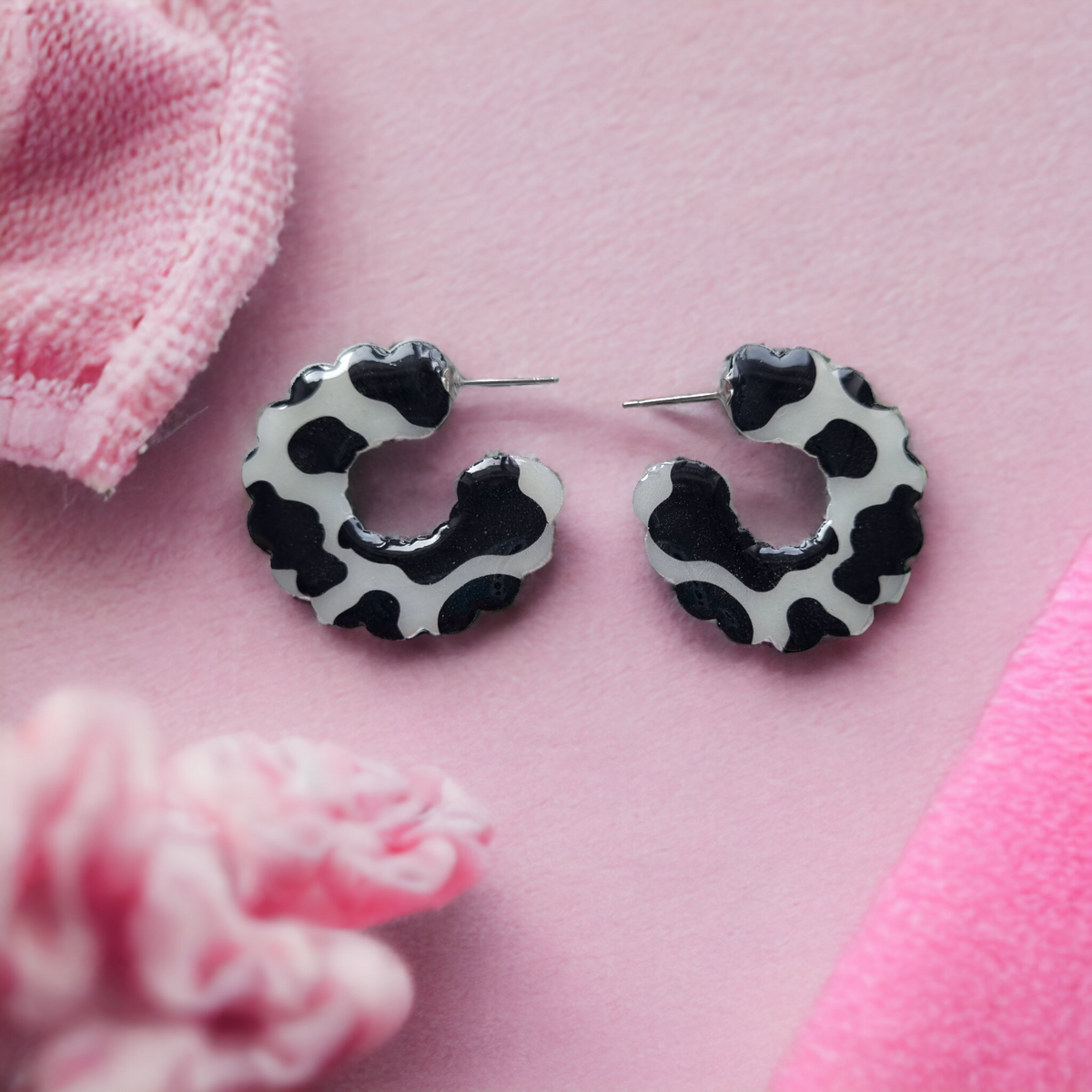 Cow Print Wiggle Hoop Medium Sized Earrings
