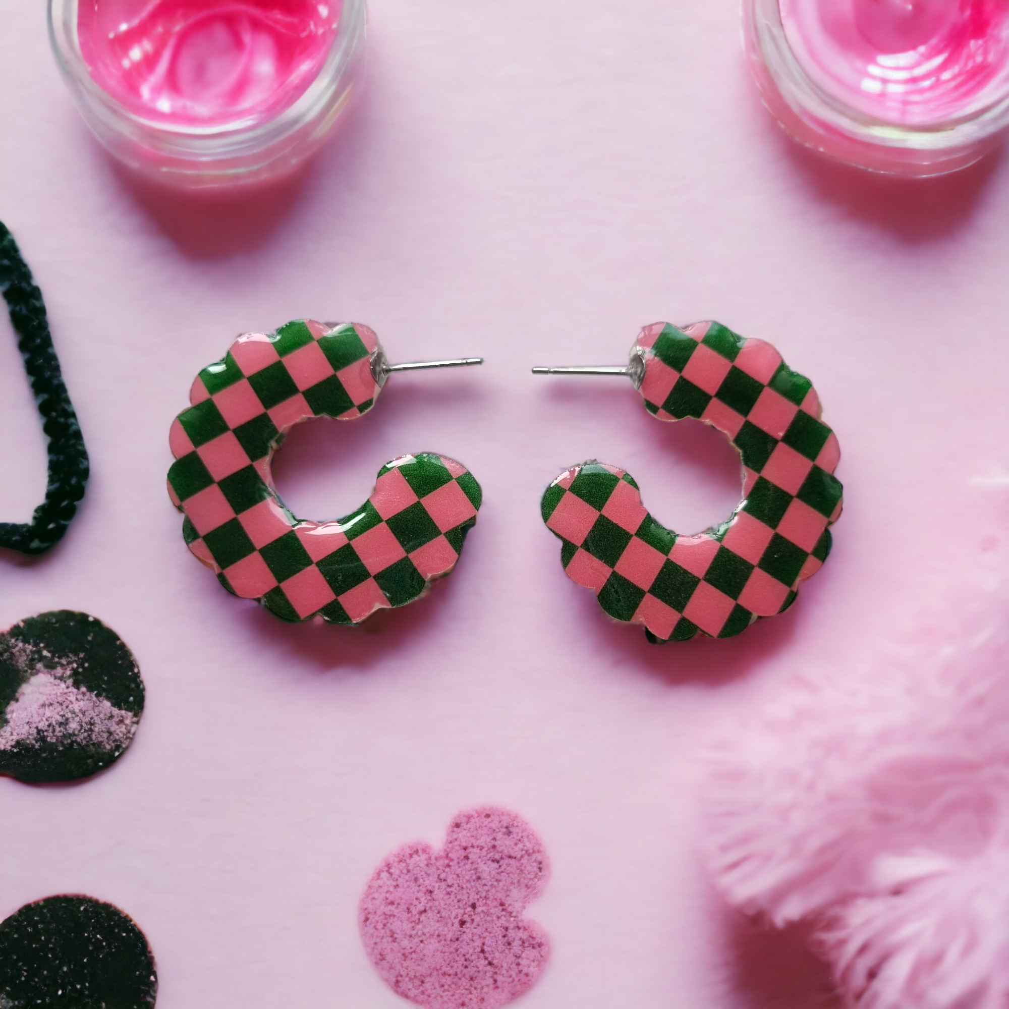 Funky Pink and Green Wiggle Hoop Medium Sized Earrings