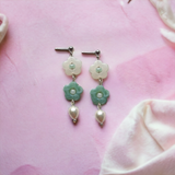 Duo White and Sage Flower Dangle Earrings