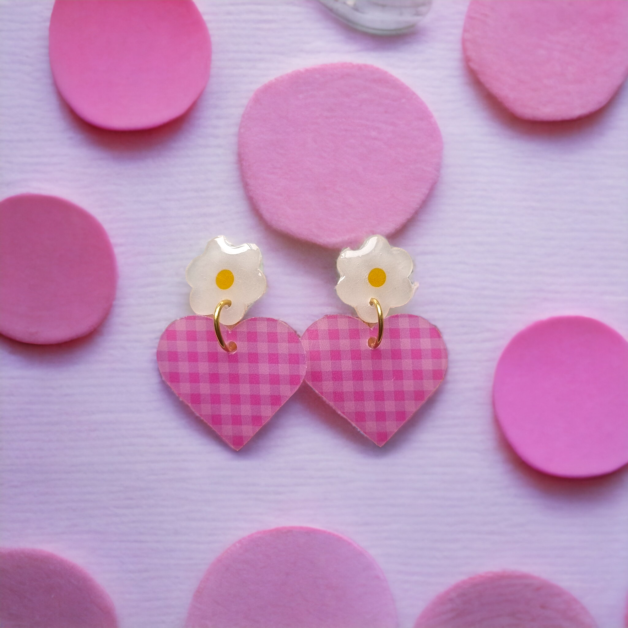 Pink Plaid White Daisy Heart Flower Dangle Earrings