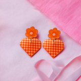 Orange Plaid Orange Daisy Heart Flower Dangle Earrings