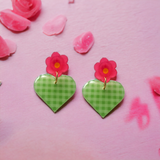 Green Plaid Pink Daisy Heart Flower Dangle Earrings