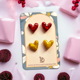 Duo red glitter and gold glitter heart stud earrings
