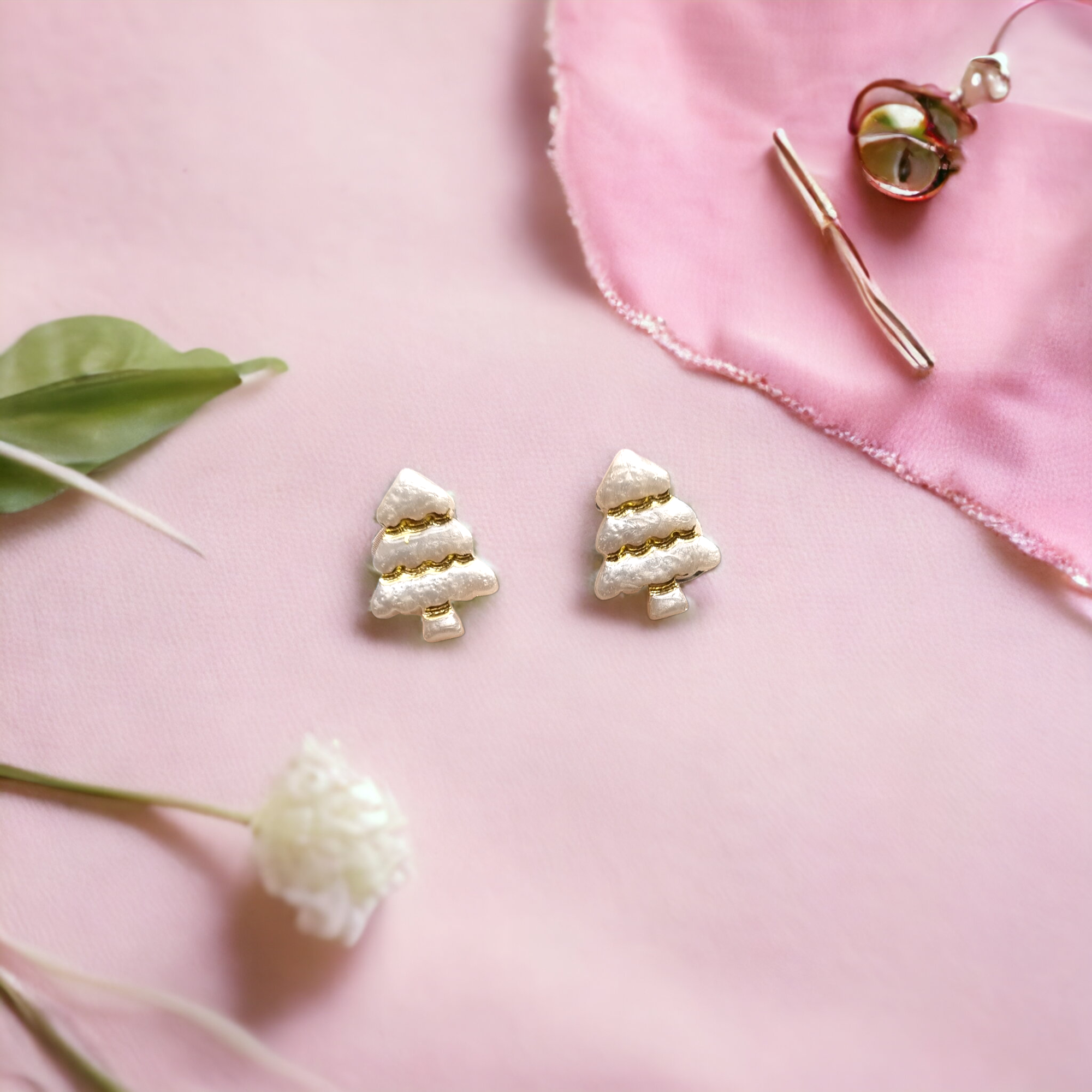 3D white and gold mini tree stud earrings