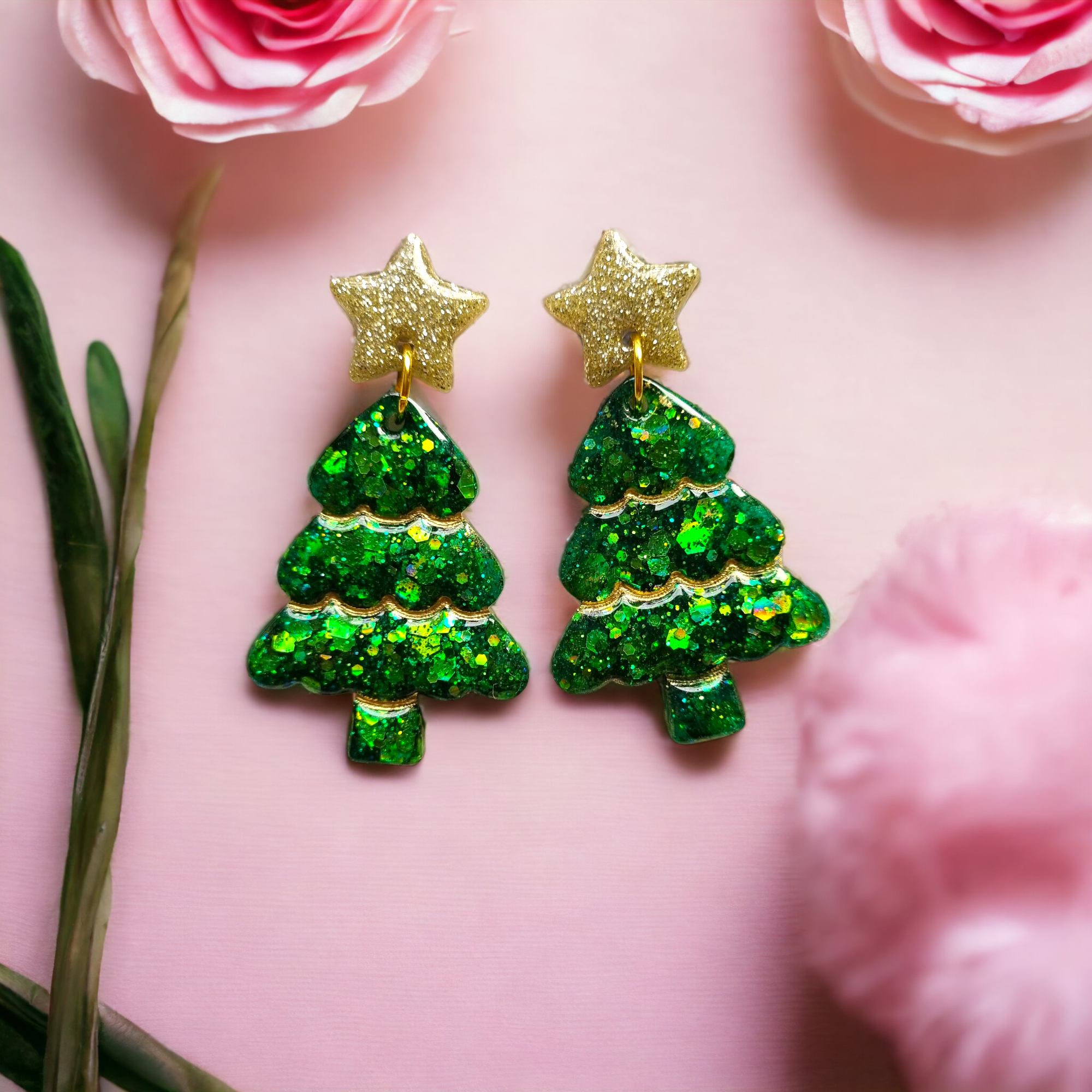Large Green glitter 3D Christmas tree dangle earrings