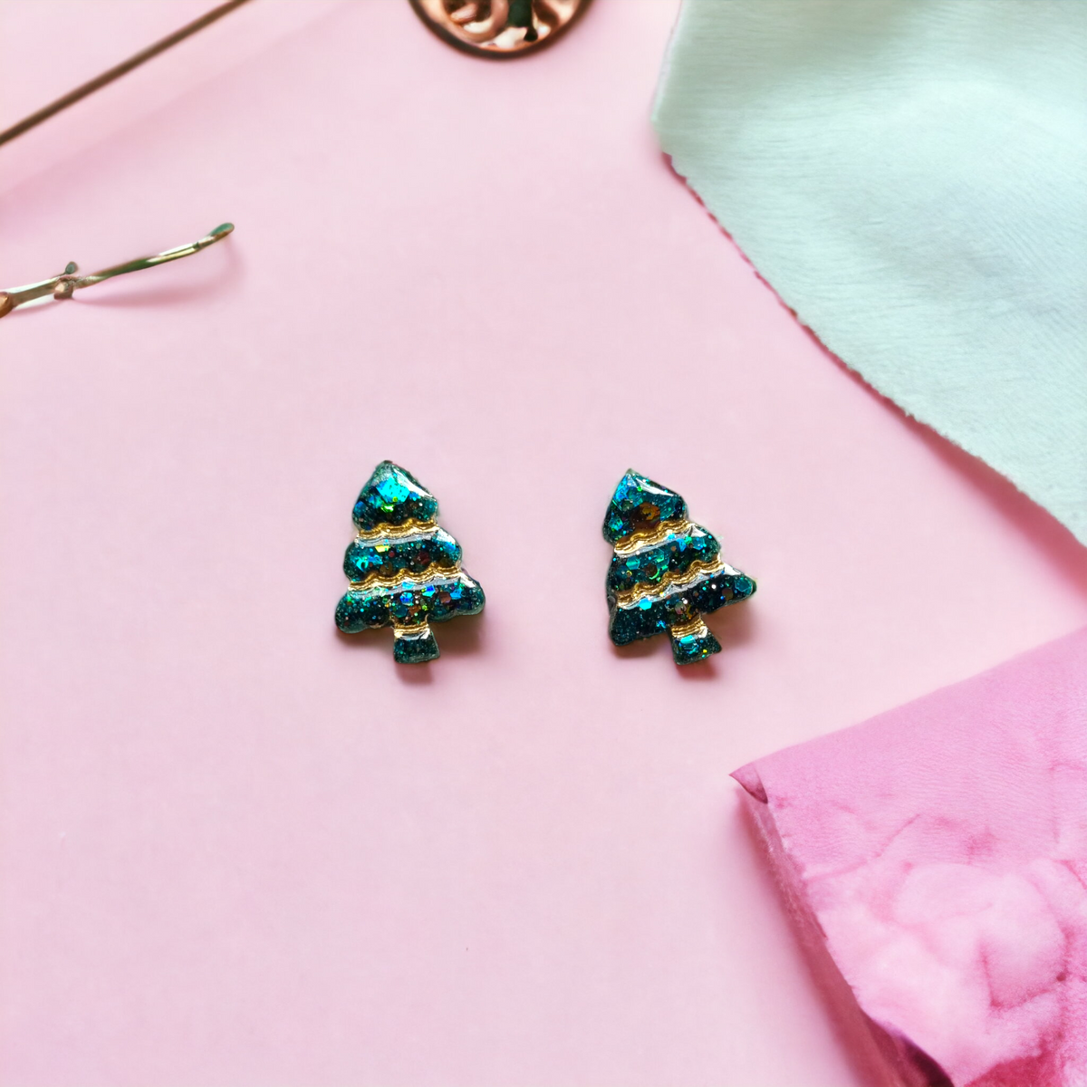 3D turquoise glitter and gold mini tree stud earrings