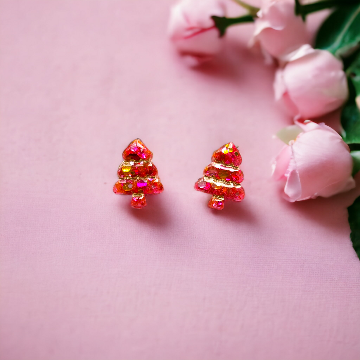 3D pink glitter and gold mini tree stud earrings