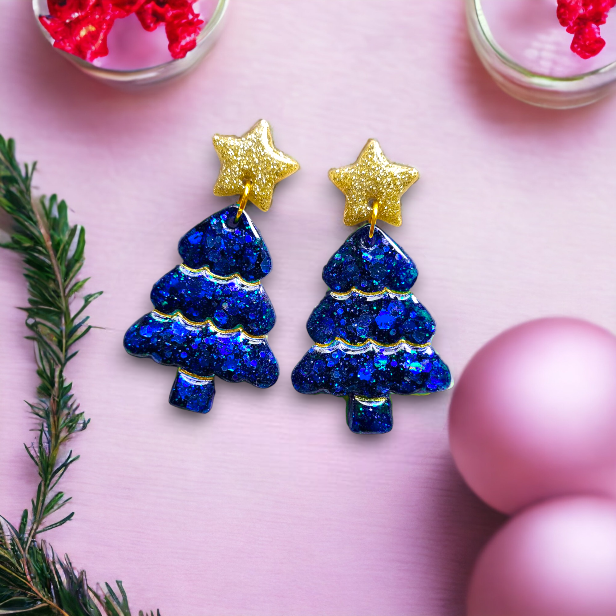 Large Blue glitter 3D Christmas tree dangle earrings