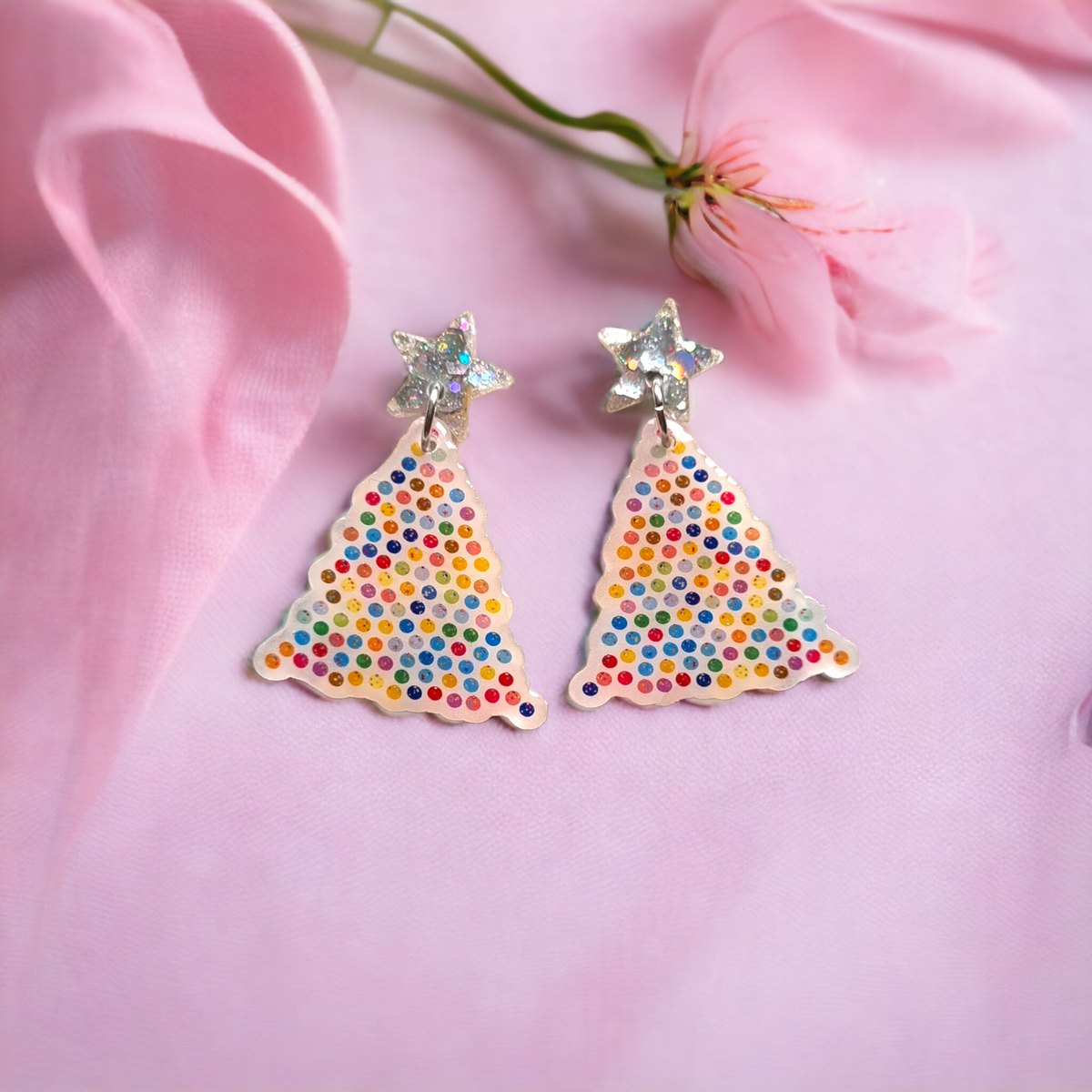 Large rainbow funky christmas tree dangle earrings