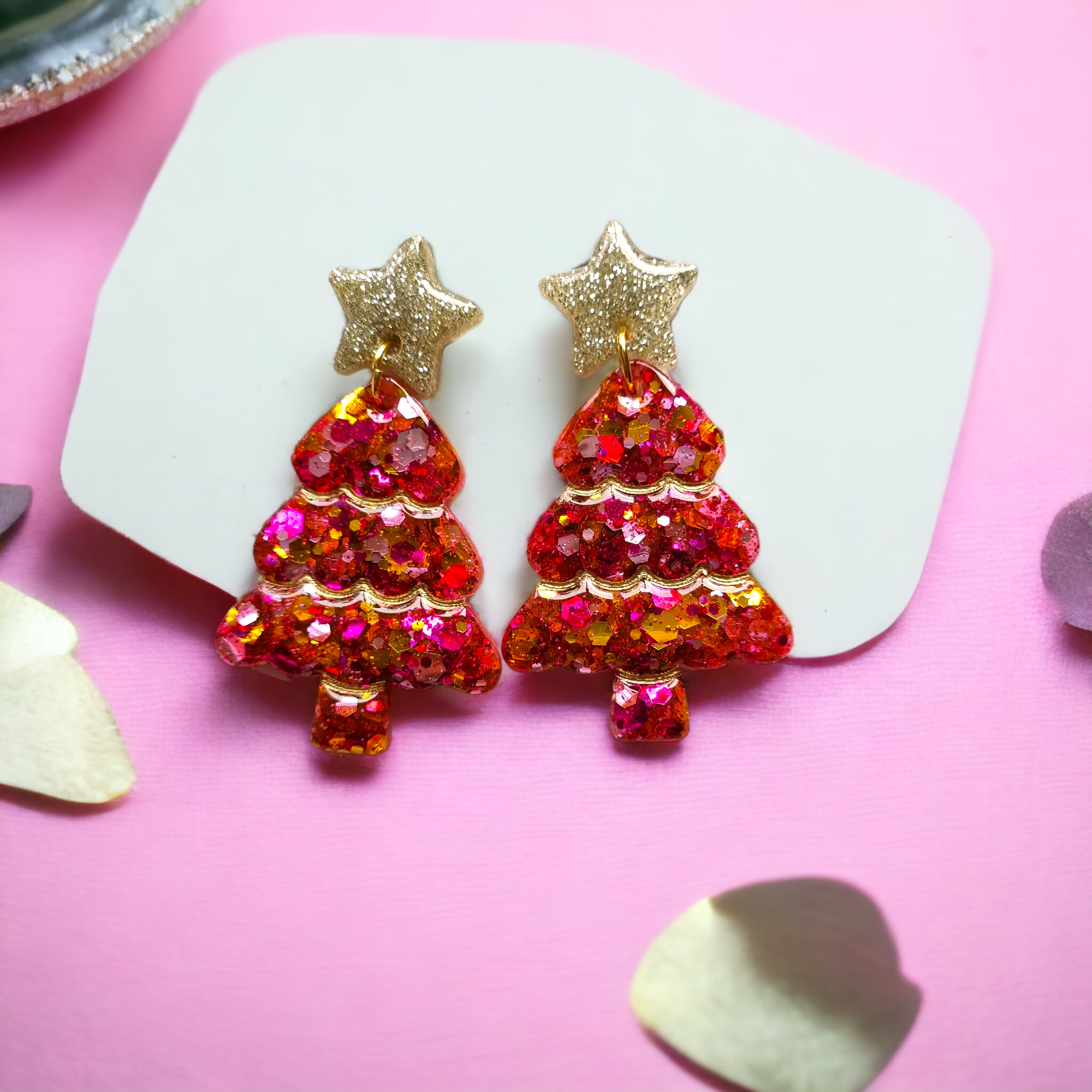 Large Pink glitter 3D Christmas tree dangle earrings