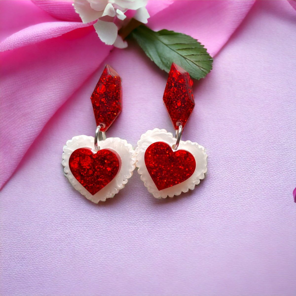 Fancy Red and White Glitter Heart Jewel Dangle Earrings