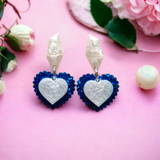 Fancy Blue and White Glitter Heart Jewel Dangle Earrings