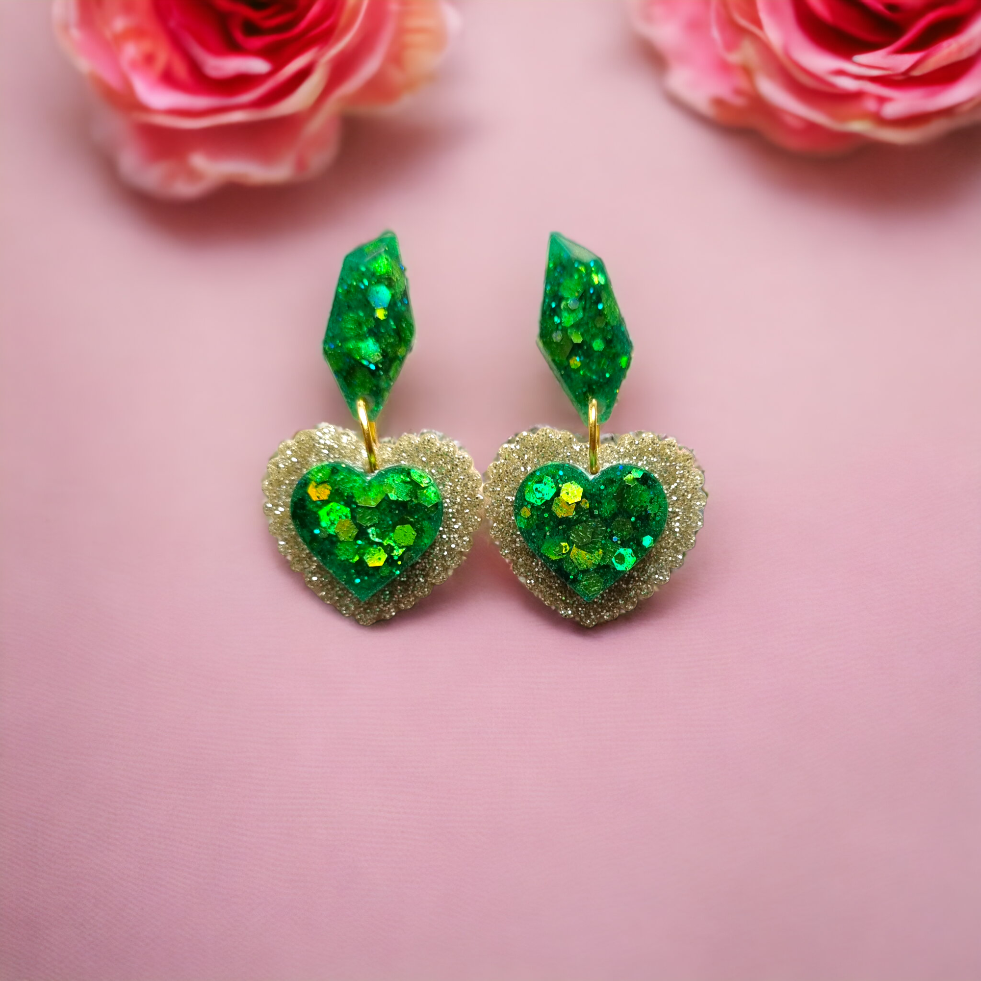 Fancy Green and Gold Glitter Heart Jewel Dangle Earrings