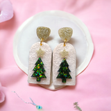 Large white and gold christmas tree statement earrings