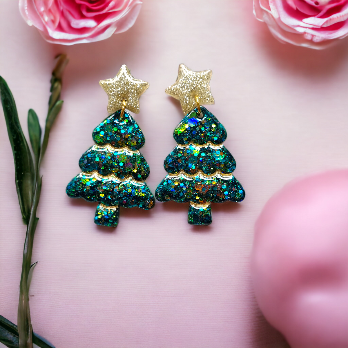 Large turquoise glitter 3D Christmas tree dangle earrings