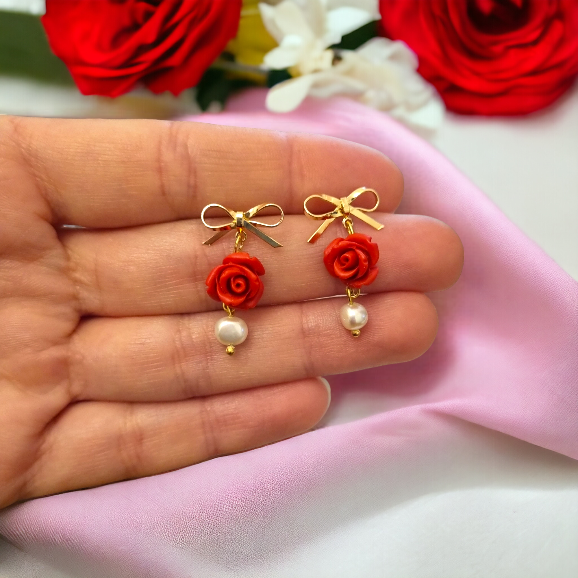 Mini gold bow, red rose bead and freshwater pearl dangle earrings
