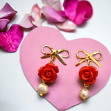 Mini gold bow, red rose bead and freshwater pearl dangle earrings