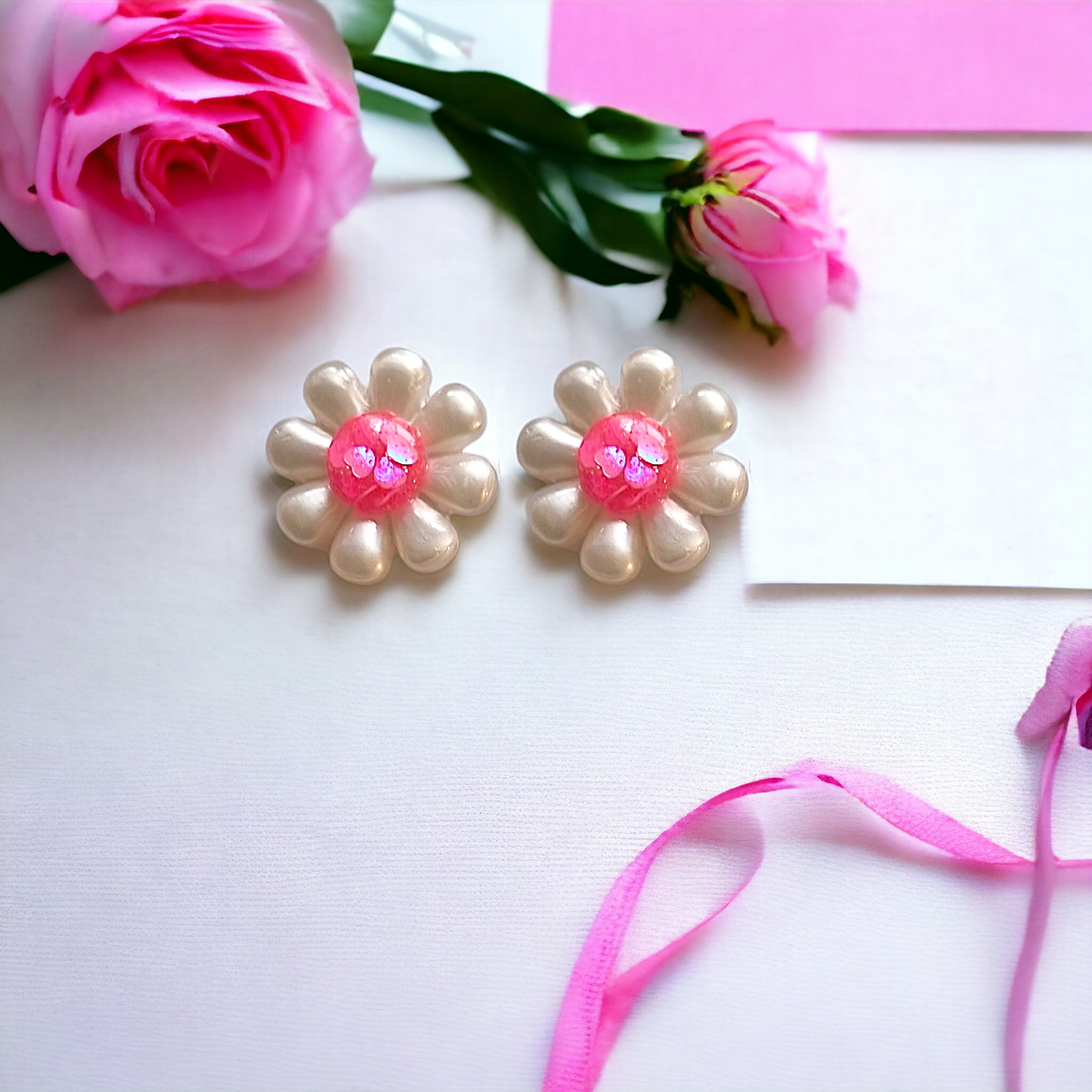 3D Chunky Pink Confetti Daisy Earrings