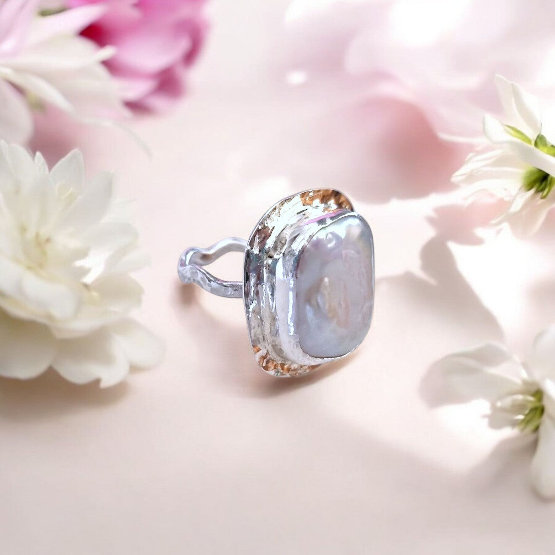 Large Baroque Pearl and Hammered Silver Ring