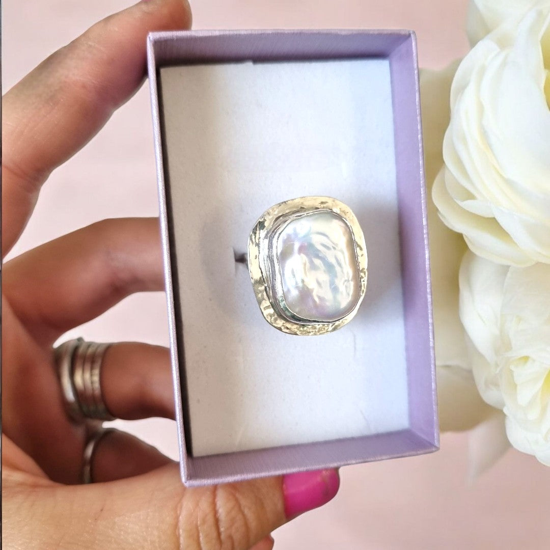 Large Baroque Pearl and Hammered Silver Ring