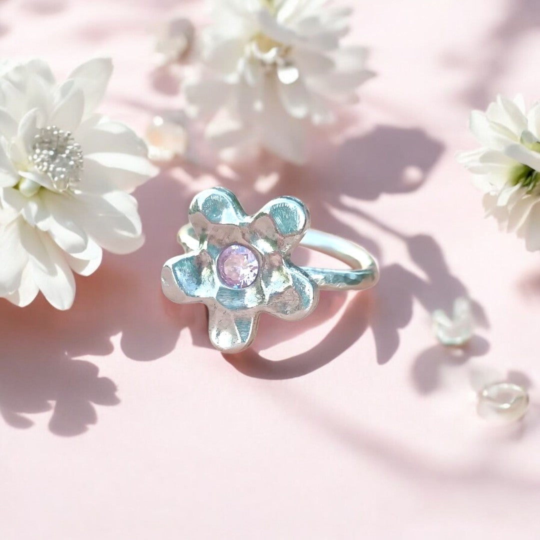 Hammered Pink Flower Ring