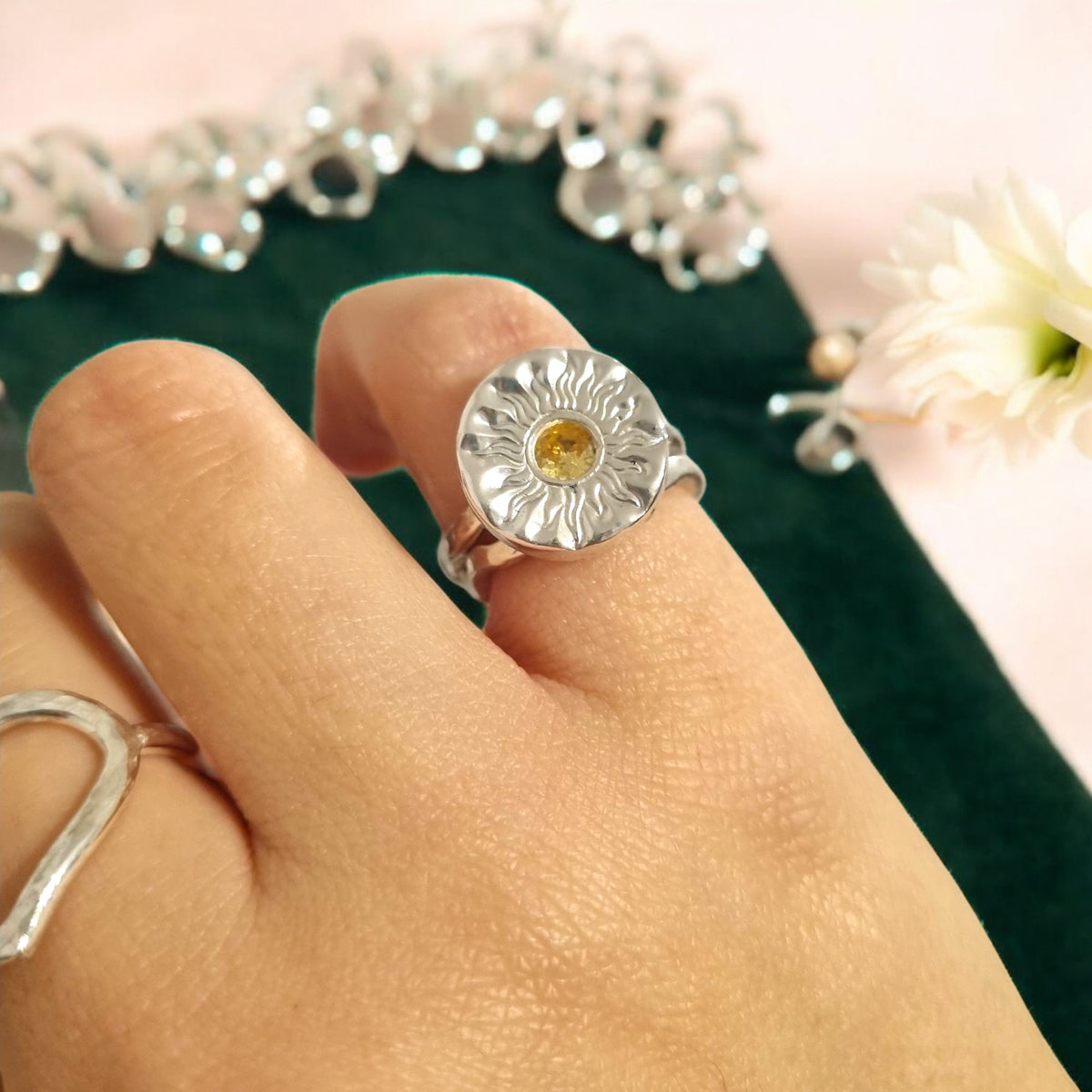 Sun Circle Ring with yellow cubic zirconia