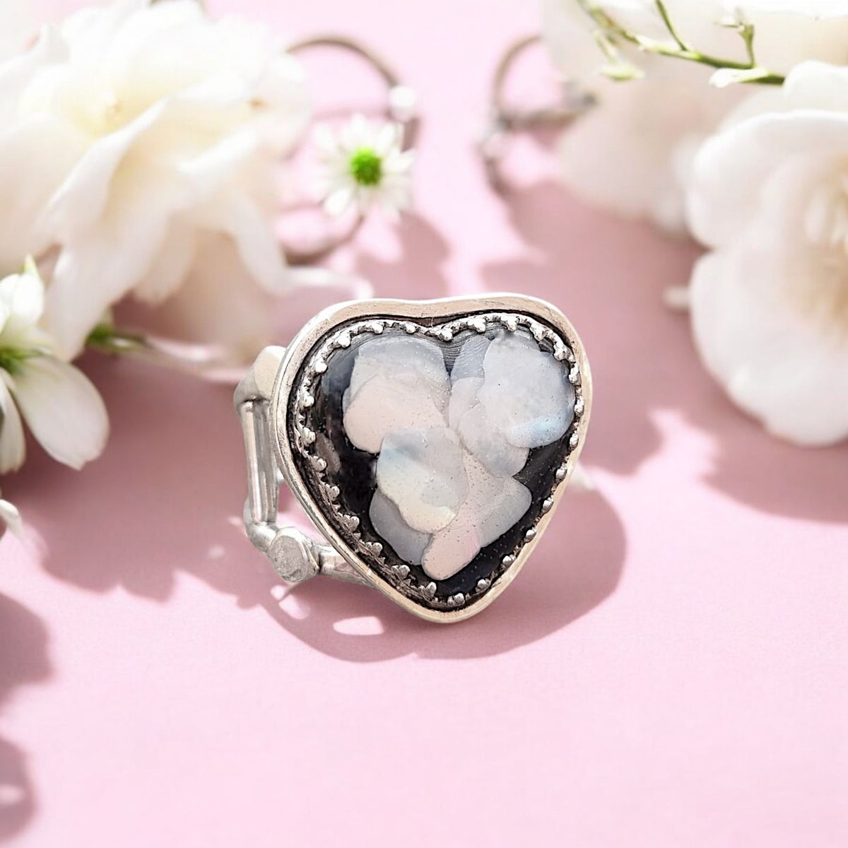 Large Chunky Black Heart and Abalone Shell Ring