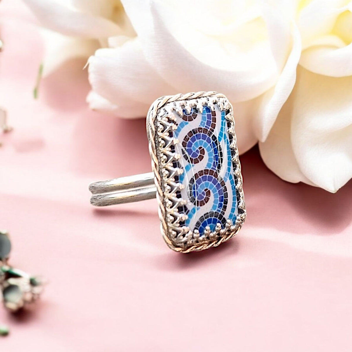 Rectangular Blue Mosaic Chunky Ring