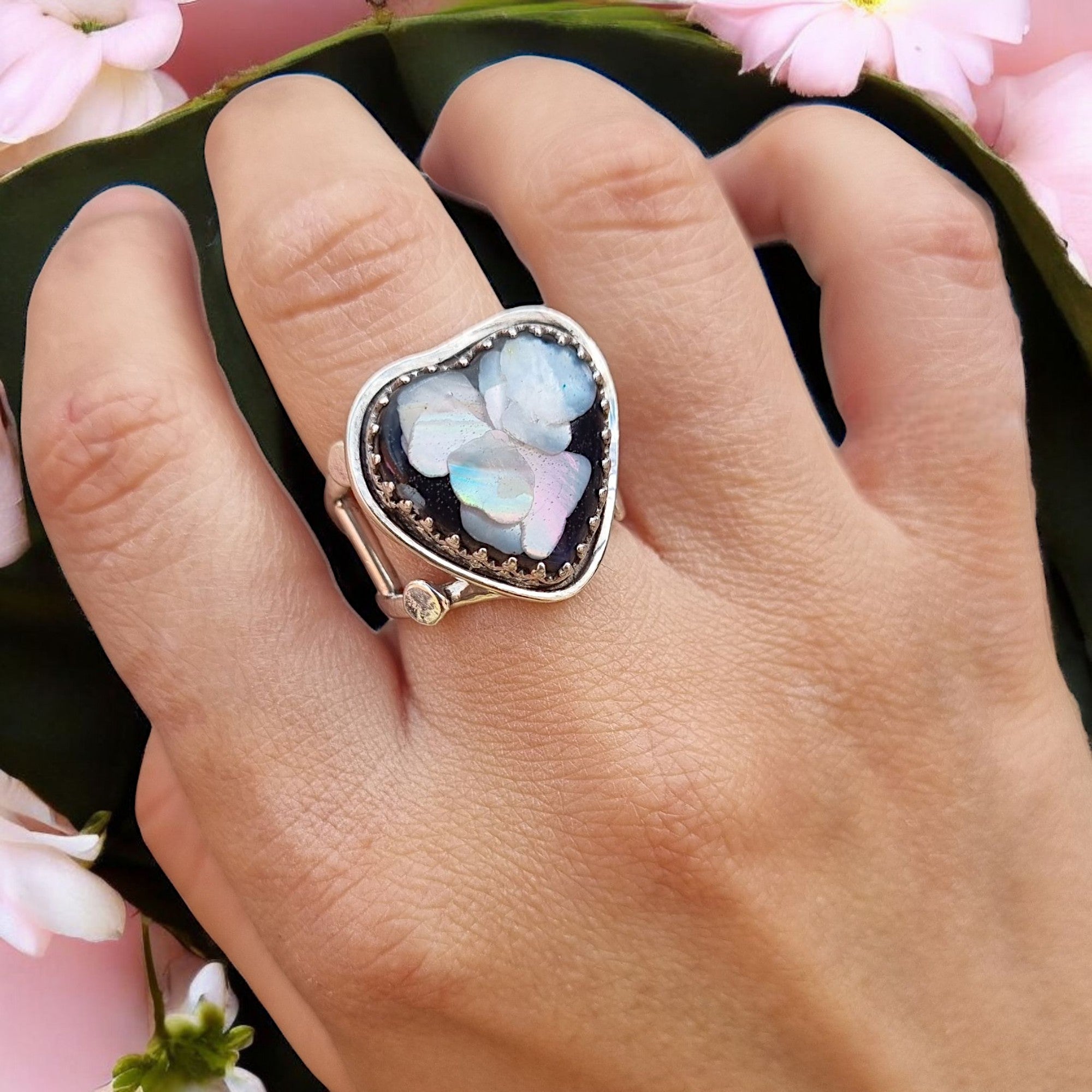 Large Chunky Black Heart and Abalone Shell Ring